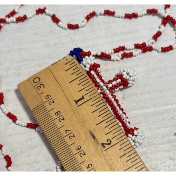 Red White & Blue Beaded  Necklace With Cross Pendant Handmade Patriotic Design - Picture 3 of 4